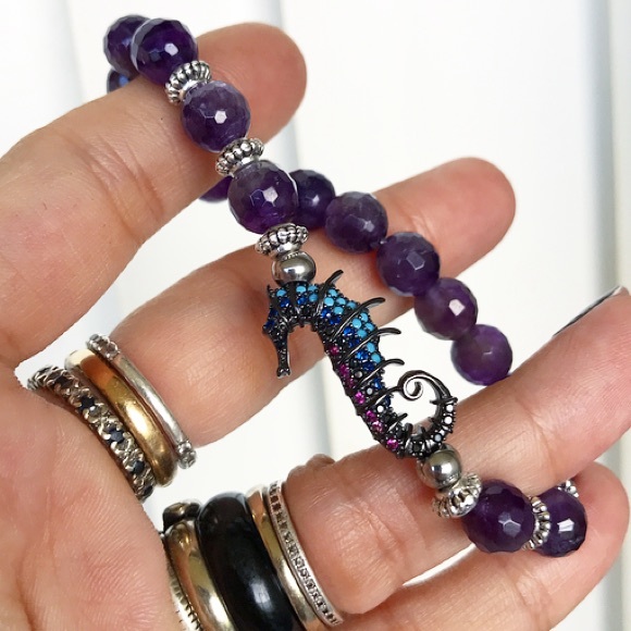Genuine faceted amethyst & cz seahorse bracelet - Picture 3 of 8